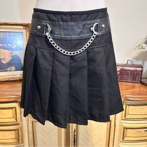 Royal Bones Black Pleated Mini Skirt Silver Studs & Chain Accent